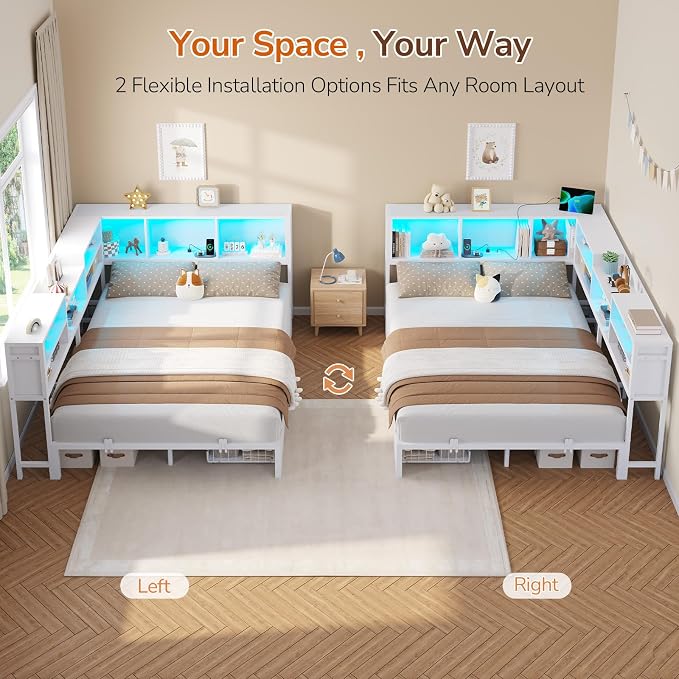 DICTAC Full Corner Bed Frame with 2 Storage Drawers and Bookcase Headboard,Full Size Metal Platform Bed Frame with Charging Station and Led Lights,Modern Full Daybed for Kids,Teen and Guests,White