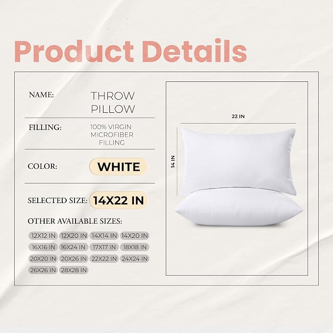 Utopia Bedding 14x22 Pillow Inserts, White Throw Pillows for Couch, 2 Pack | 100% Virgin Filling, Indoor Cushion Inserts for bed, sofa & couch, Extra Filled, Supportive & Fluffy Decorative Pillows