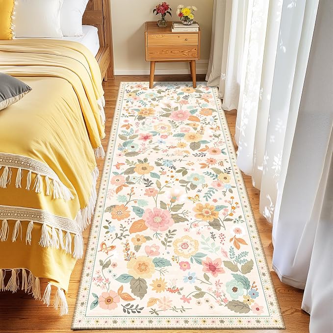 Floral Washable 2x6 Area Rugs Runner Entryway Hallway Beige/White/Orange | Flower Carpet, Print, Boho, Non-Slip, Easy to Clean, Low Pile, Soft, for Living Room Bedroom Kitchen Office Entrance