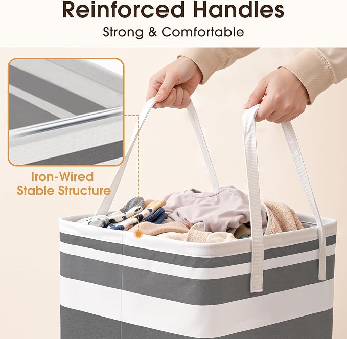 HomeHacks 2 Pack Large Laundry Baskets, Laundry Hampers Bags (Grey 75Lx2) | Waterproof, Freestanding, Collapsible Clothes Hamper with Reinforced Handles in Laundry Room, Dorm, Bathroom, Bedroom