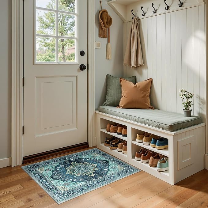RELEANY Washable Area Rug, Small 2'x3', Teal | Non-Slip, Water Repellent, Pet Friendly, Easy to Clean, Vintage Floral Boho Decor for Kitchen Entryway Bathroom