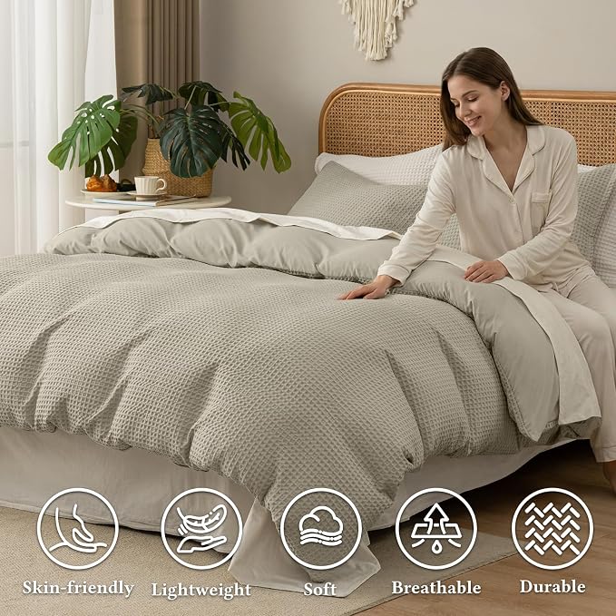 David's Home Textured Waffle Weave Duvet Cover Set, Queen Size, Taupe | Breathable Cozy for All Season, 300GSM, 3PCS Home Bedding Decor, OEKO-TEX Certified, Hidden Zipper, 8 Corner Ties, 90" X 90"