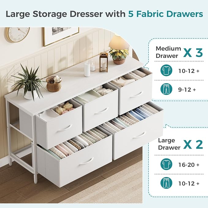 OLIXIS White Dresser for Bedroom, Wide Chest of Drawers for Clothes Storage | Fabric Bedroom Dresser with 5 Drawers, Storage Organizer Unit with Fabric Bins, Wooden Top, Living Room
