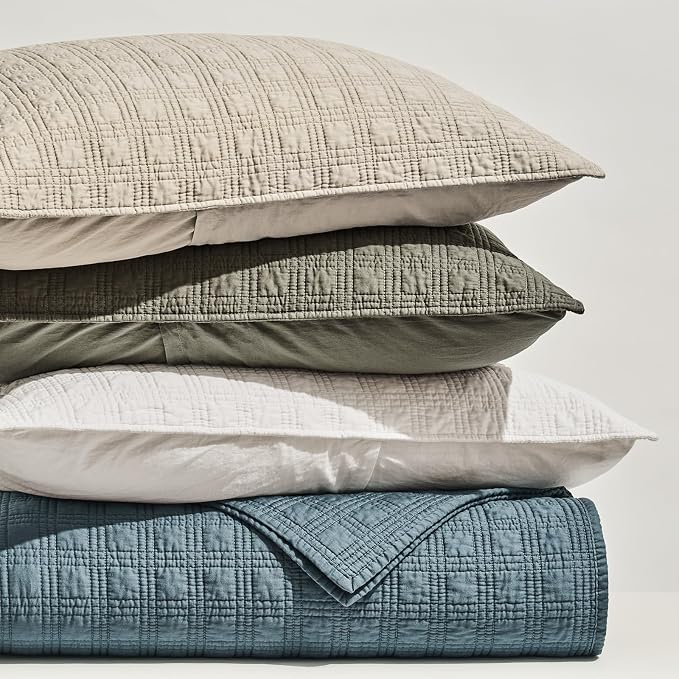 EVERGRACEHOME Cotton Sateen Windowpane Quilt Set King Size, Stone Sage | 100% Cotton, Pre-Washed Soft Coverlet Bedspread, 3-Piece Lightweight Bedding Set for All Season, with 2 Pillow Shams