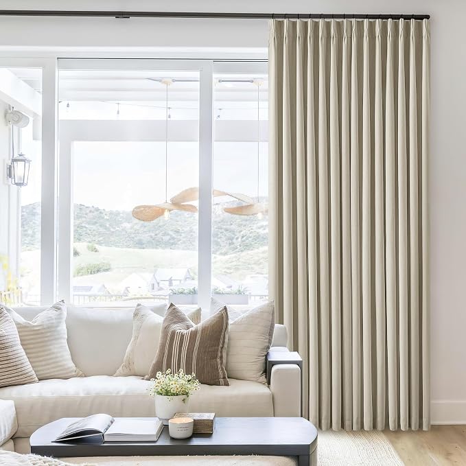 Burlywood Birch 100% Blackout Pinch Pleated Linen Curtains 95 Inches Long | Insulated Thermal Heat Reducing, Memory Shape, for Bedroom Living Room, Taupe Pleated Curtains with Hooks Rings, 2 Panels