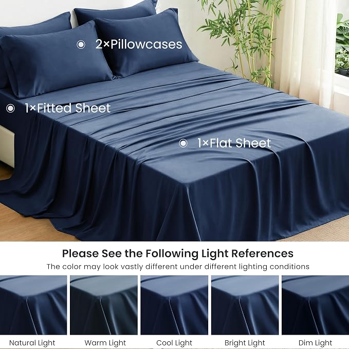 Love's cabin 4 Piece Full Size Sheet Set, 100% Rayon Derived from Bamboo, Cooling & Breathable, Soft Silky Deep Pocket up to 16", Hotel Luxury Bedding for Hot Sleepers, Navy