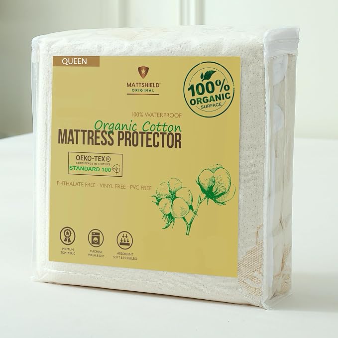 Waterproof Organic Mattress Protector Queen Size – Premium Soft Organic Cotton Surface Mattress Cover – Noiseless & Breathable 250 GSM Mattress Pad – Deep Pocket Fitted Design