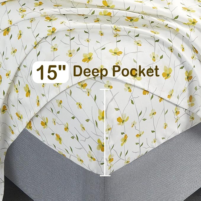 Softan King Sheet Set Yellow Floral Bed Sheets Printed Sheets - 4 Piece Soft Microfiber Patterned Fitted Sheets King with 15" Deep Pocket and Corner Straps, Cute Yellow Flower Sheets & Pillowcase Set