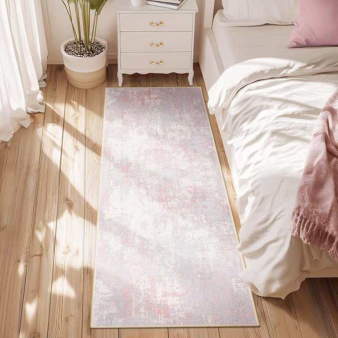 RELEANY Washable Runner 2'x10' Abstract Area Rug for Hallway Gray Pink | Carpet for Kitchen, Entryway, Bathroom, Living Room, Bedroom, Printed Pattern, Non‑Slip, Soft, Stain‑Resistant, Easy to Clean