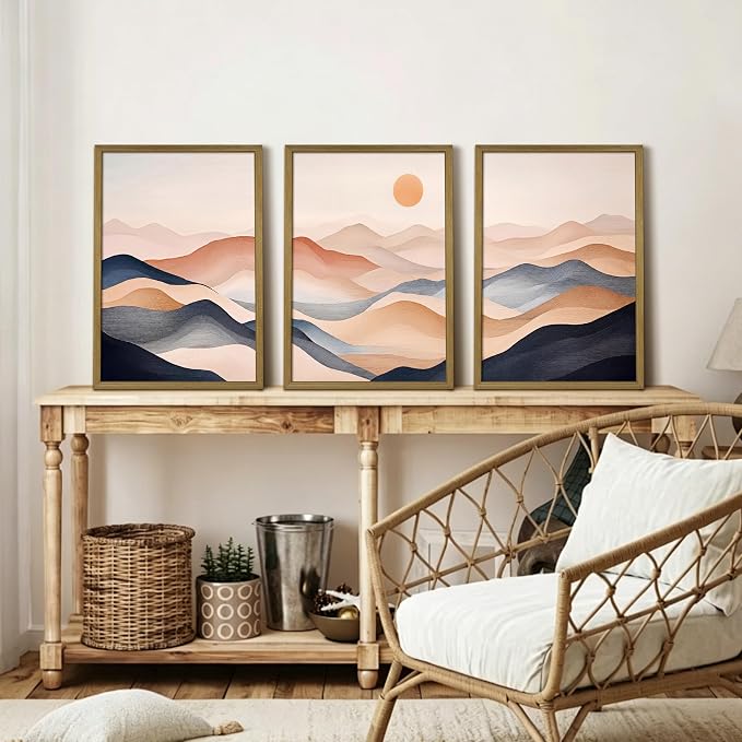 Vintage Abstract Mountain Wall Art Set of 3 Canvas, Neutral Desert Landscape Framed Poster, Retro Boho Painting for Farmhouse Home Decor, Sunrise Nature Print Picture Living Room Bedroom 16x24 Inch