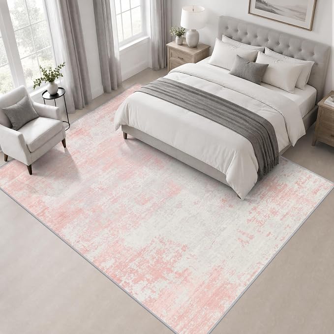 Area Rug Living Room: 8x8 Modern Washable Soft Carpet Pink White | For Bedroom Dining Room Farmhouse Nursery Hallway Office,Modern Abstract,Machine washable,Non-Slip,Stain Resistant,Indoor