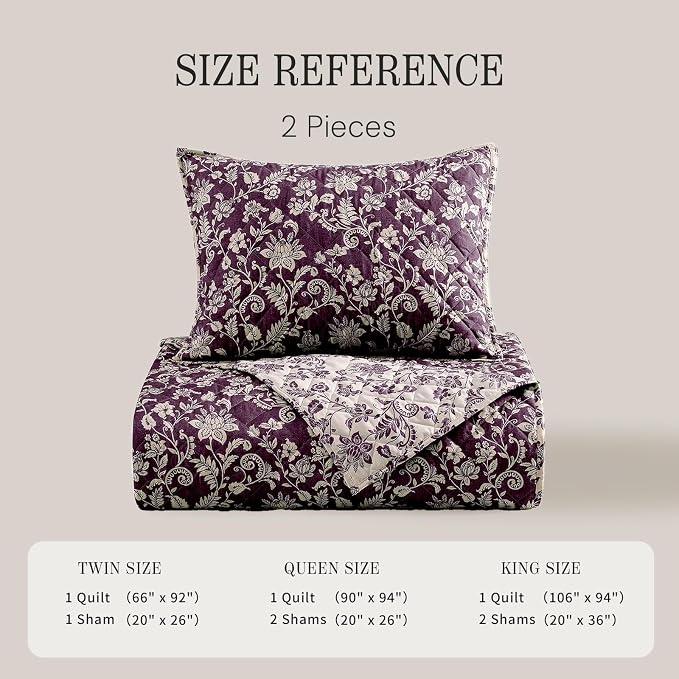 Twin/Twin XL Quilt Set-2 Pieces Soft Bedding Floral Reversible Coverlet | All Seasons Lightweight Quilts Queen Size for Bed, Breathable Vintage Bedspread with Sham, Italian Plum