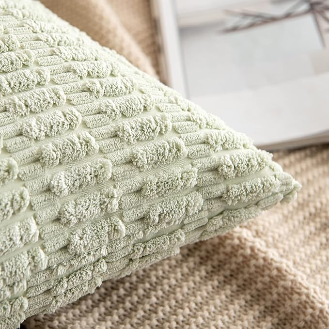 MIULEE Euro Sham Corduroy Decorative Throw Pillow Covers 24x24 Light Green | Pack of 2 Soft Boho Striped Pillow Covers Modern Farmhouse Home Decor For Sofa Living Room Couch Bed