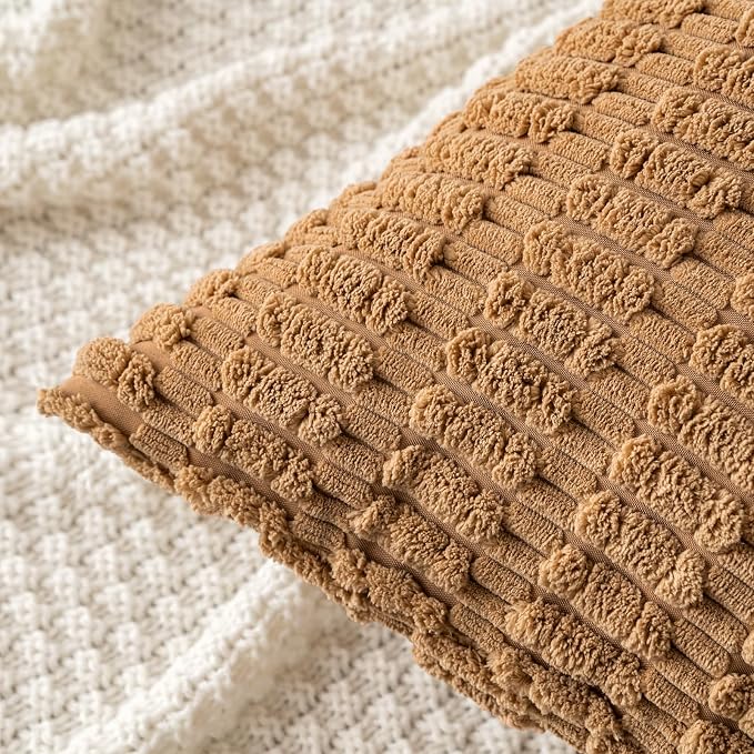 MIULEE Lumbar Corduroy Decorative Throw Pillow Covers 12x20 Brown Pack of 2 | Soft Boho Striped Pillow Covers Modern Farmhouse Fall Home Decor For Sofa Living Room Couch Bed