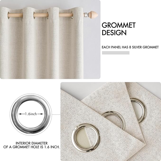 MIULEE 100% Blackout Linen Curtains for Bedroom 52x90 Inches Birch | Room Darkening, Light Blocking, Thermal Insulated, Grommet Top, Linen Textured, Window Curtains for Living Room, 2 Panels