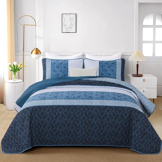 Cottolester Navy Blue Quilt Set Queen,Striped Plaid Bedspread Coverlet Set | Ultra Soft Lightweight Coverlets Set with 2 Pillowshams for Men Women,Microfiber Quilt Bedding Sets for All Seasons 110"x90"