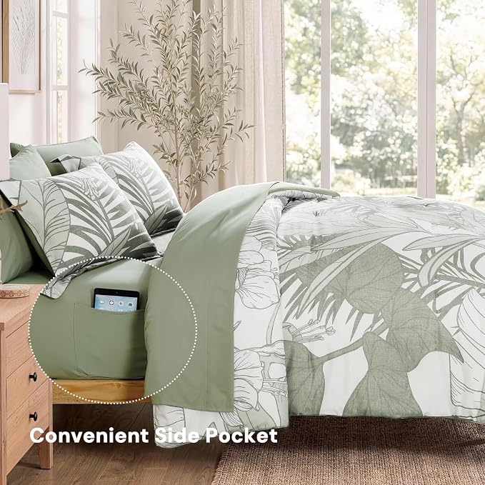 Queen Comforter Set - 7 Pieces Green Jungle Bed in a Bag Queen Bedding Sets | All Season Botanical Tropical Palm Leaf Comforter Set with Sheets, Pillowcases & Shams
