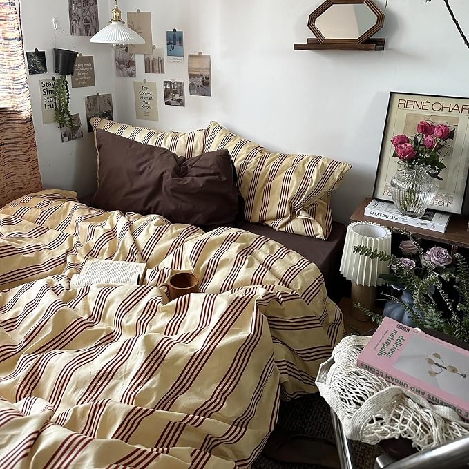 mixinni Retro Striped Duvet Cover Set California King - 100% Natural Cotton 3-Piece Vintage Red Stripes Pattern Printed Bedding Set, Soft Breathable Comforter Cover with Zipper Closure & Corner Ties