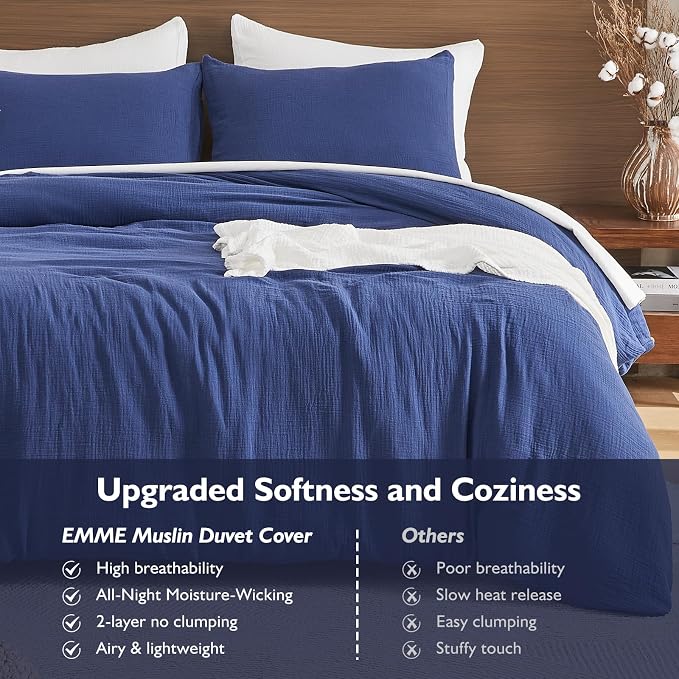 EMME Muslin Cotton Duvet Cover Set Navy Queen Size Linen Like Soft Breathable Lightweight Summer Comforter Cover Set with Zipper Closure (Navy, Queen, 90"x90")
