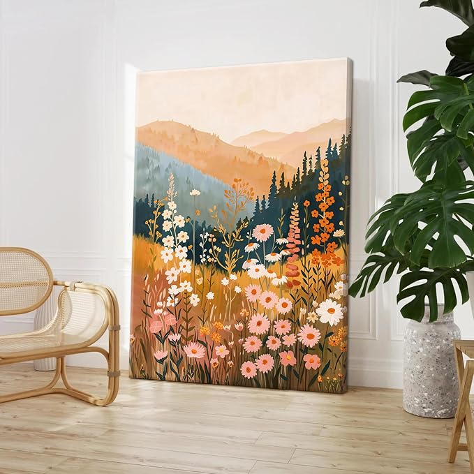 Framed Wildflower Mountain Landscape Wall Art Set of 3, Colorful Floral Wall Decor, Boho Sunset Landscape Canvas Artwork, Earth Tone Botanical Poster Prints for Living Room Bedroom 12x16 Inch