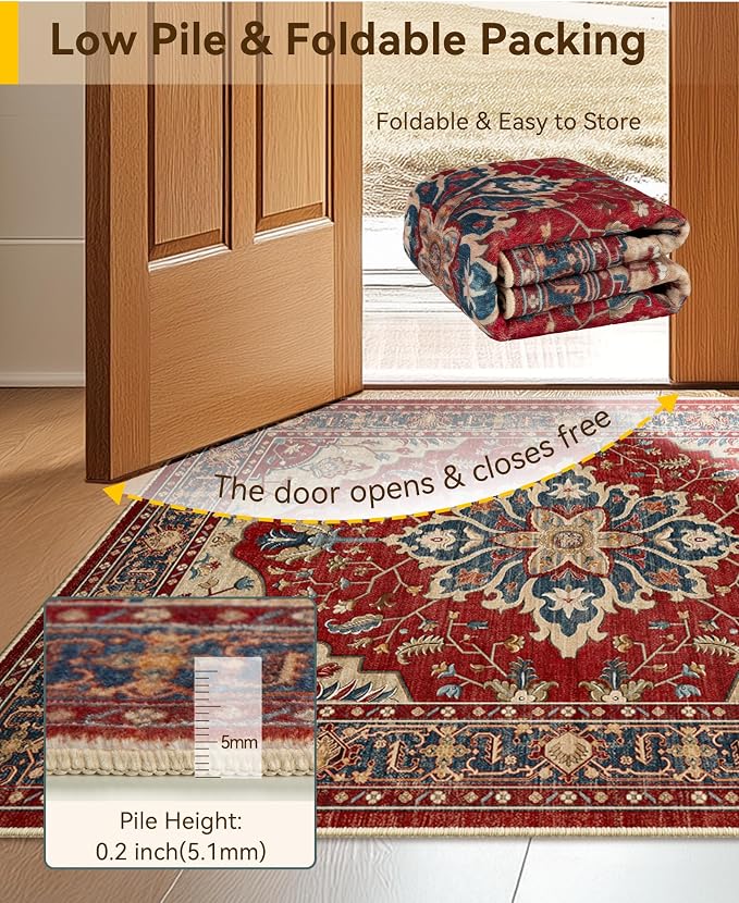 RELEANY Washable Area Rug, Runner 2'x6', Red/Blue | Non-Slip, Water Repellent, Pet Friendly, Easy to Clean, Vintage Floral Boho Decor for Kitchen Entry Bedroom Bedside Laundry