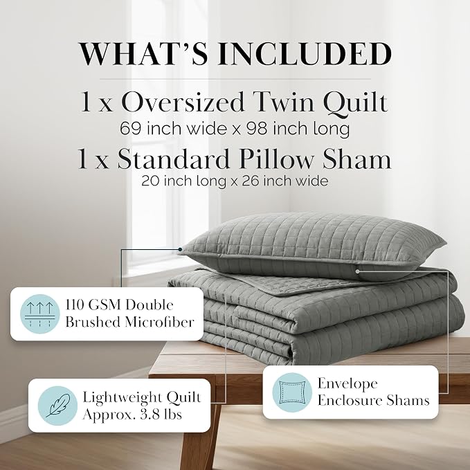 Southshore Fine Living, Inc. Twin XL Quilt Set, Dorm Room Bedding Essentials, Hotel Quilt, Soft Bedspread Twin XL Grey Quilt Bed Spread with Pillow Sham, Vacation Rental Quilt, Steel Grey Quilts