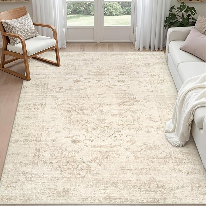 4x6 Area Rugs Living Room: Bedroom Washable Carpet Beige/Brown | Large Vintage Boho Indoor Decor Neutral Soft Nursery Farmhouse Dining Room Office Floor Non-Slip Low Pile Under Table Rug