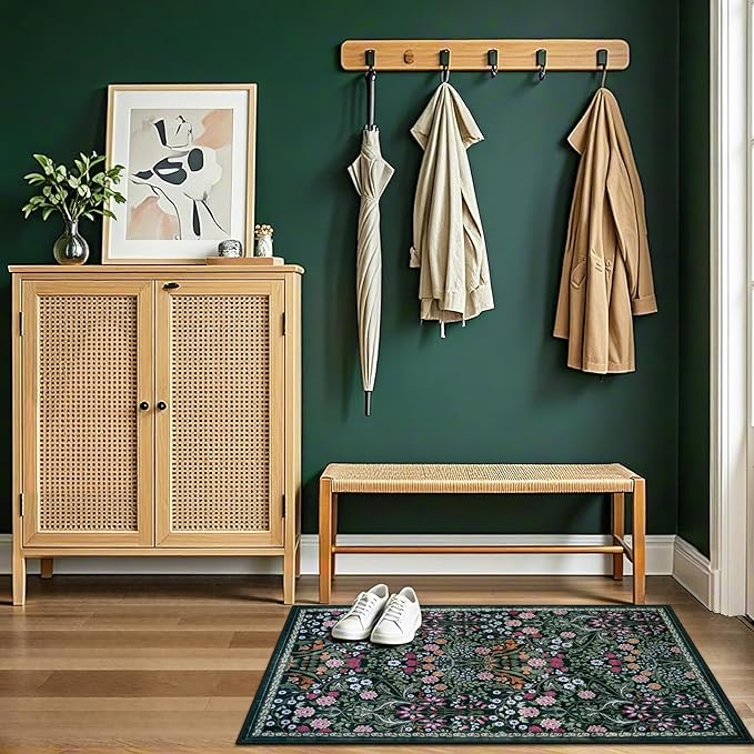 PLHXFR 2x3 Small Entryway Rug: Floral Washable Indoor Carpet Dark Green | For Entrance, Bedroom, Kitchen, Laundry, Bathroom,Door Mat,Vintage Floral,Machine washable,Non-Slip,Stain Resistant,Indoor