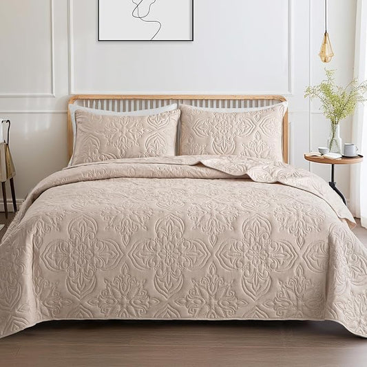 Whale Flotilla Queen Quilt Bedding Set Vintage Damask Reversible Bedspread | Suitable for Bed, 3 Pieces Brich Beige Lightweight Breathable Quilts Queen Size, Ultrasonic Coverlet with 2 Pillow Shams