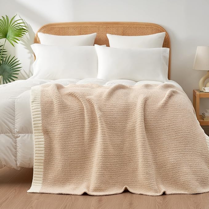 Snuggle Sac Super Soft & Reversible Heather Beige Throw - Oversized Cozy Knit Blanket for Bed, Sofa, Living Room, Twin Size (60x80 Inches)