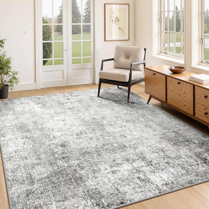 RELEANY Washable 4'x6' Abstract Area Rug for Living Room Gray White | Carpet for Bedroom, Kitchen, Office, Hallway and Entryway, Printed Pattern, Non‑Slip, Soft, Stain‑Resistant, Easy to Clean