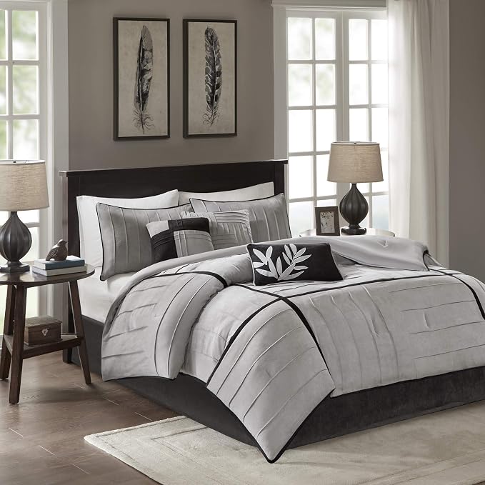 Madison Park Casual Blocks Suede Comforter Set, 7PC Queen Bedding Set | All Season, with Comforter, Bed Skirt, Decorative Pillows, Shams, Black Grey, Grey