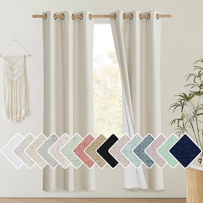 NICETOWN Natural Blackout Curtains for Bedroom 42" Wide x 72" Long 2 Panels | Full Blackout Linen Curtain Panels Thick Insulated Classic Grommet Draperies with White Thermal Insulated Liner for Windows