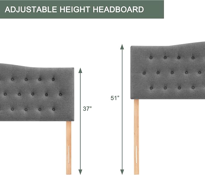 Tufted Headboard Full Size, Solid Wood Adjustable Height Head Board, Gray | Upholstered Full XL Headboard Only with Durable Solid Wood Legs, Adjustable Height 37-51 in, Fabric Button Diamond HeadBoards
