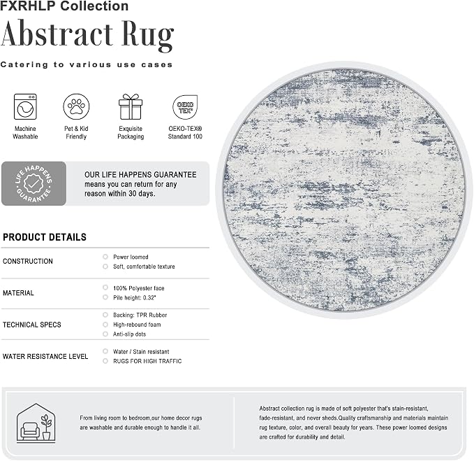 Round Area Rug Living Room: 8 ft Modern Washable Indoor Carpet | For Bedroom Dining Room Farmhouse Nursery Hallway Office,Modern Abstract,Machine washable,Non-Slip,Stain Resistant,Indoor