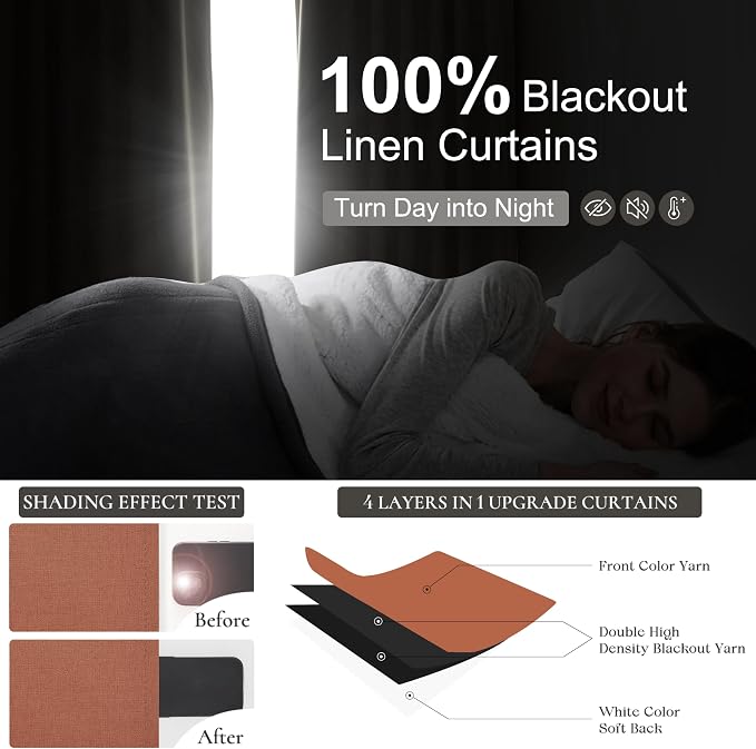 Fall Burnt Orange Curtains Blackout 102 Inches Long 2 Panels Set,Terracotta Autumn Color Decor Retro for Living Room/Bedroom Antique Copper Rust Boho 70s Window Pleated Linen Drapes (W50"xL102")