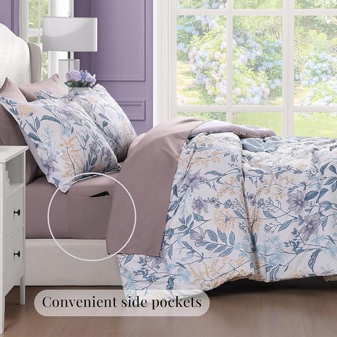 Queen Comforter Set - 7 Pieces Soft Floral Bed in a Bag Queen Bedding Sets | Purple Botanical Flowers Comforter Set with Sheets, Pillowcases & Shams for All Seasons