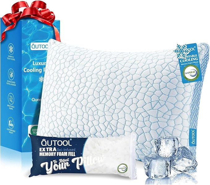 QUTOOL Enhanced Cooling Pillows for Sleeping, CertiPUR-US Shredded Memory Foam Pillows Queen Size Set of 1 for Hot Sleeper, Adjustable Bed Pillow for Side, Back, Stomach Sleepers Support Yet Soft Blue