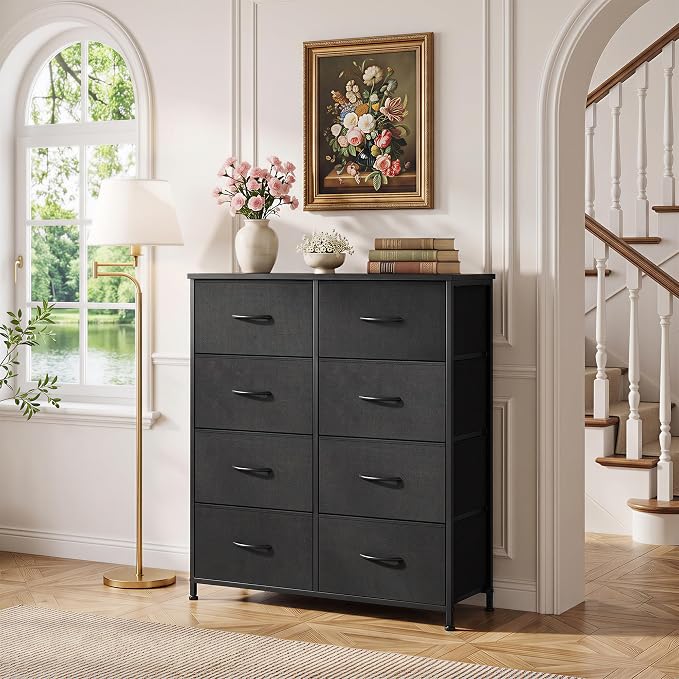8-Drawer Dresser for Bedroom, Upgraded Anti-Tip Tall Storage Organizer | Chest of Drawers with Wooden Top and Metal Frame Fabric Bins for Closet, Living Room, Hallway, Entryway, Soft Black