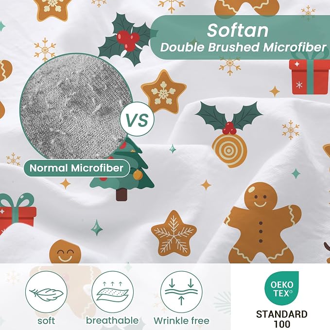 Softan Christmas Holiday Microfiber King Sheet Set with Non-Slip Straps | 15" Deep Pocket Fitted Bed Sheets, Printed Sheets, Christmas Gathering Pattern, Cozy Sheets & Pillowcase Set for All Season