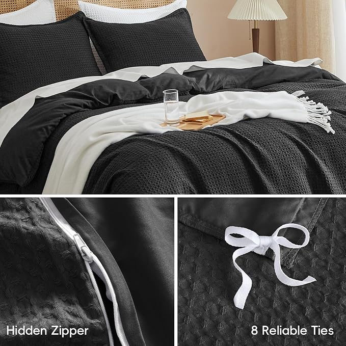 PHF Waffle Duvet Cover Set Queen, Ultra Soft & Breathable, 90"x90", Black | 300GSM Fabrie，No Snagging Textured Honeycomb Comforter Cover for All Season 3pcs, Durable Bedding Duvet Set, Home Decor Gift