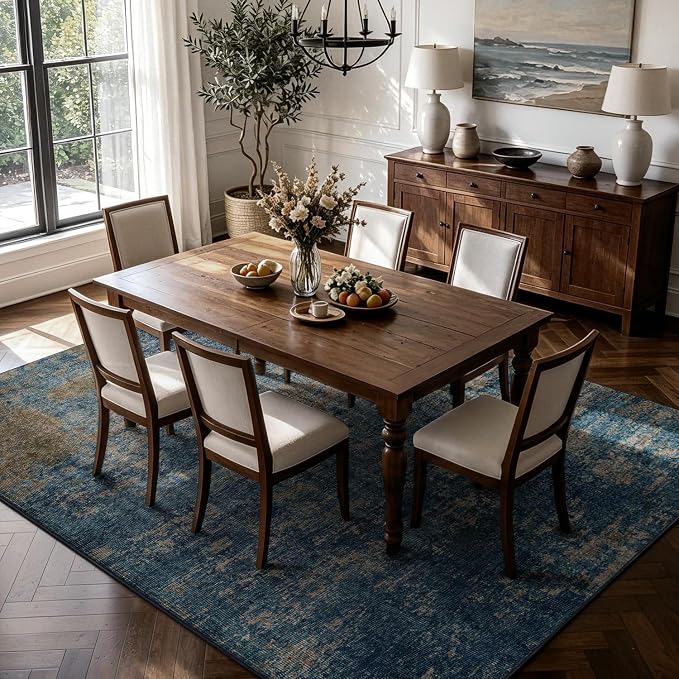 8x10 Washable Area Rug for Living Room,Bedroom,Dining Room,Nursery,Playroom | Ultra Soft,No Creases,Stain Resistant,Non-Slip,Non-Shedding,Machine Washable,Blue Brown Low Pile Carpet for Home Office Decor