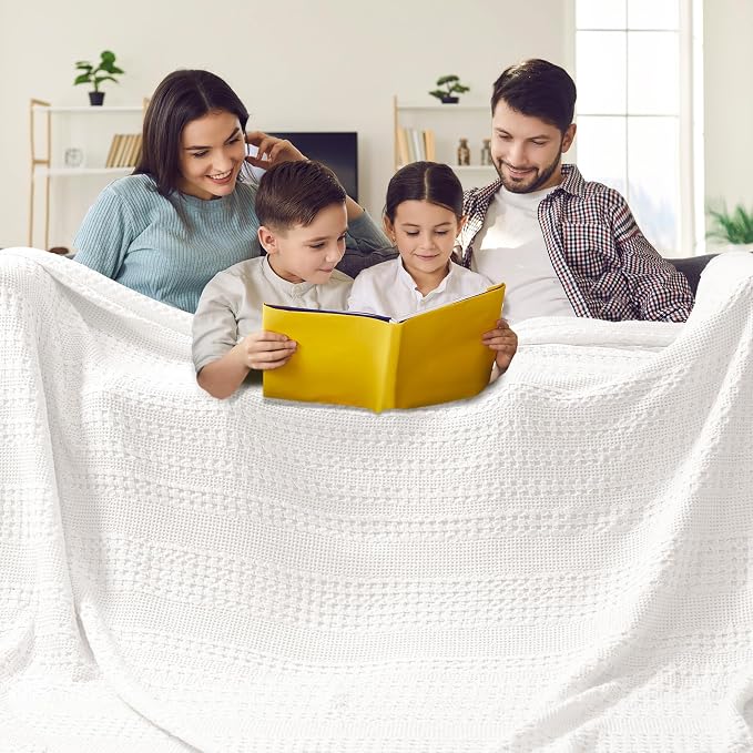 PHF Lightweight 100% Cotton Waffle Blanket, Oversized King, White | Pre-Washed Soft Cotton Comfor, Extra Large 10'x10' Blanket, Giant Big Luxury Aesthetic Woven Bedding for Home Decor