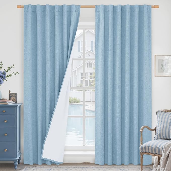 Stone Blue 100% Blackout Linen Living Room Curtains 84 Inch 2 Panels | Linen Textured, Farmhouse, Curtains for Bedroom, Room Darkening, Rod Pocket Back Tab Panels, with White Liner, 52 x 84 Inch