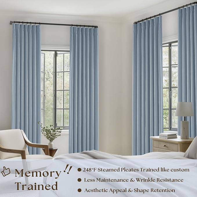 Dusty Blue Pleated Linen 100% Blackout Curtains 102 Inches Long for Bedroom | Black Out Room Darkening, Thermal Insulated, Pinch Pleat Rings Hooks, for Living Room, Light Blue Curtains with Liner 40x102