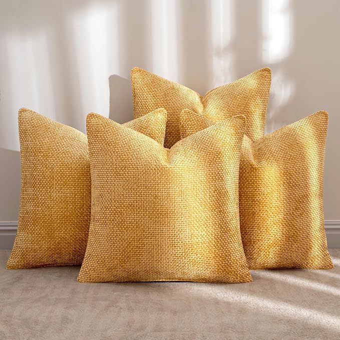 MIULEE Soft Decorative Chenille Pillow Covers Gold 20x20 Pack of 4 | Modern Home Decor, All Same Gold Color Set, Couch Throw Pillows, Farmhouse Boho Cushion Covers for Sofa Bed Living Room