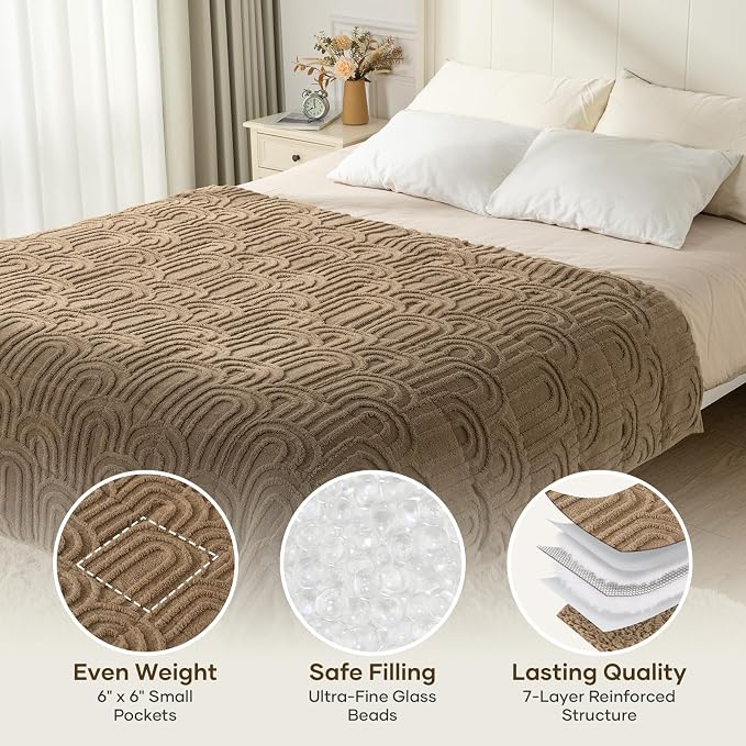 Cottonblue Jacquard Weighted Blanket for Adults 15lbs Twin Full Bed 48"x72" | Soft Fuzzy Fleece Weighted Blankets Throw for Sleep Calm Relax, Fuzzy Warm Khaki Arch Sofa Couch Heavy Blanket, Washable