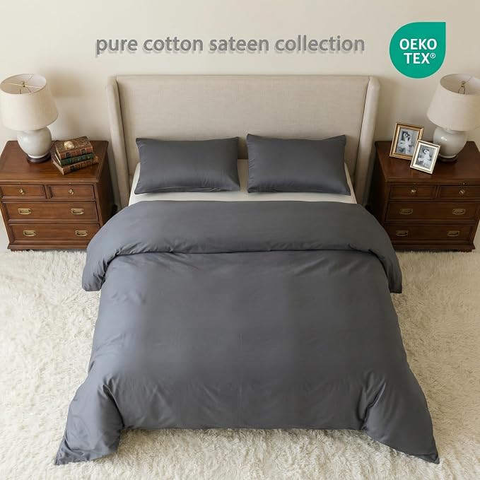 HeimenAogo Egyptian Cotton Duvet Cover Queen Size Sateen Weave, Silky Soft and Breathable Bedding Set with Zipper Closure, Long Staple Cotton Bed Linen Stormy Grey 3Pcs (90"×90")
