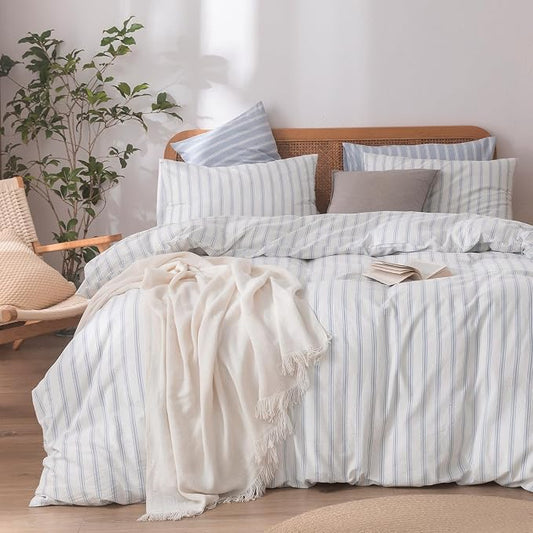 BESTOUCH Striped Cotton Duvet Cover Set Linen Feel Queen | 100% Washed Cotton, Soft Wrinkle Texture, Hidden Zipper, 8 Ties, Breathable Lightweight Durable Comfy, 3 Pcs No Insert