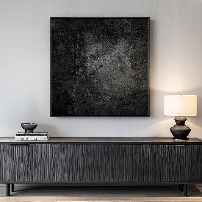 Framed Modern Black Abstract Square Wall Art Decor for Living Room, 30x30 | Minimalist, Canvas prints, Dark moody paintings, Black frame, Square pictures, Dining room, Bedroom, Office wall decor